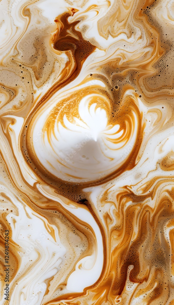 Aufkleber close-up of swirling cream and coffee creating abstract patterns in warm brown and white tones