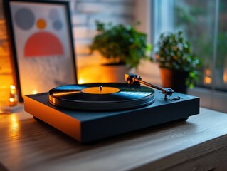 Vinyl record player spins, home window ambience