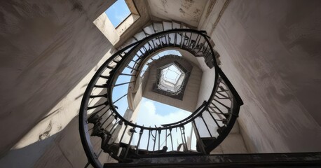 Fototapeta premium Spiral staircase leading to the sky through a broken skylight in an abandoned building, abandoned buildings, exposed ductwork