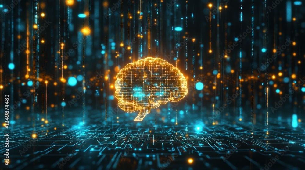 Poster artificial intelligence brain with digital circuitry and data streams