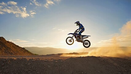 Fototapeta premium Adult man motocross jumping dirt bike sunset
