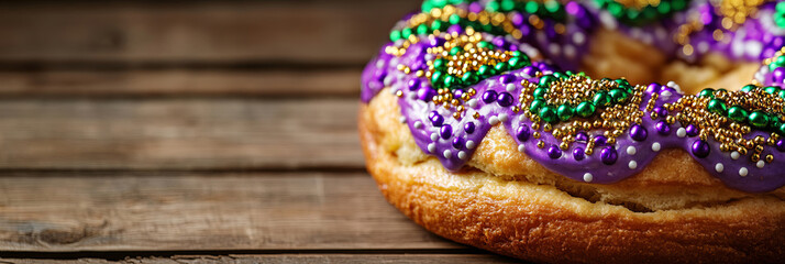 A traditional king cake topped with festive purple, green, and gold sugar beads sits on a rustic wooden surface, symbolizing the delicious flavors of the Mardi Gras celebration.