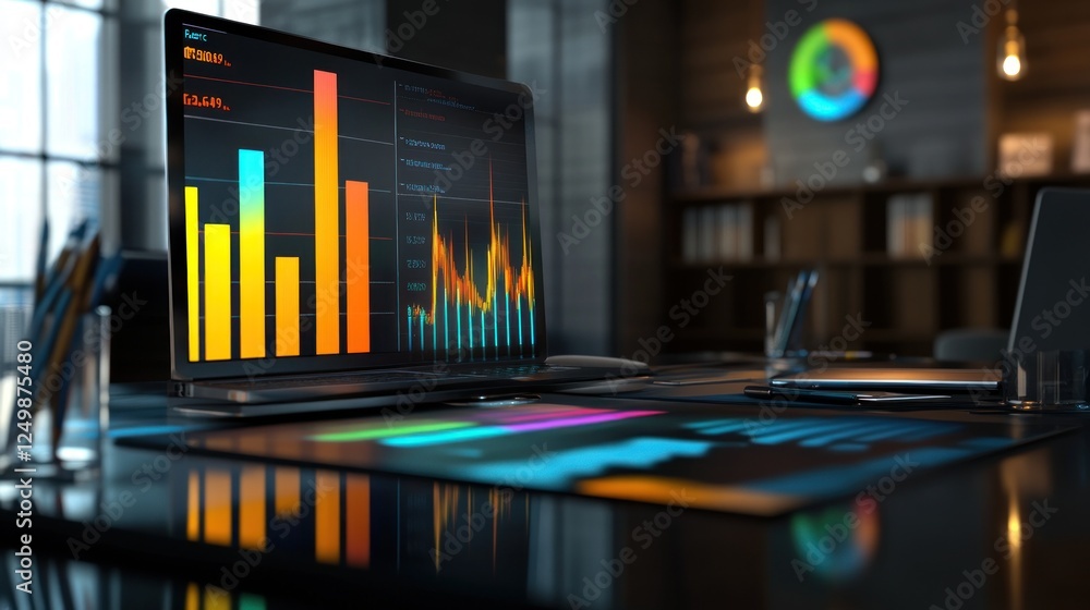 Poster laptop displaying colorful data graphs and charts on a modern office desk.