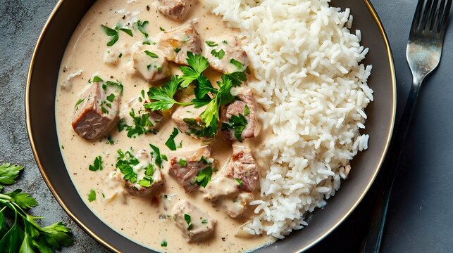 Top down view of French blanquette de veau veal in a creamy white sauce served with rice and garnished with parsley