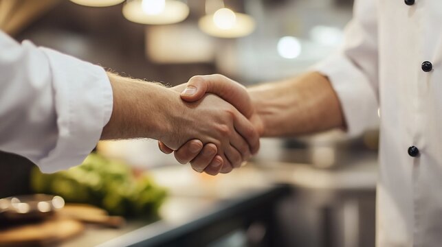 Two chefs shaking hands in a restaurant kitchen.