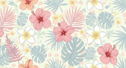 Fototapeta premium Seamless patterns of tropical leaves and floral designs in pastel tones