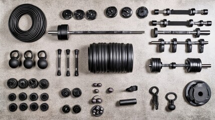 Flat lay of a complete home gym workout equipment set.  Black weights, dumbbells, barbell, kettlebells, resistance bands arranged on a textured surface.