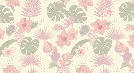 Fototapeta premium Seamless patterns of tropical leaves and floral designs in pastel tones