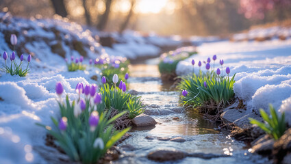 beautiful stream with snow, first spring flowers