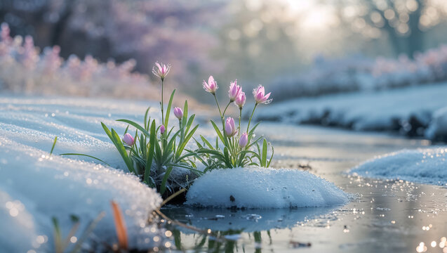 beautiful stream with snow, first spring flowers