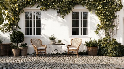 Courtyard patio chairs, plants, white wall, sunny day, relaxing