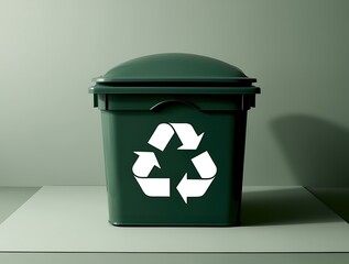 Minimalistic green recycling bin with a white recycle icon, symbolizing sustainability and waste management. Eco-conscious concept promoting environmental awareness and green living

