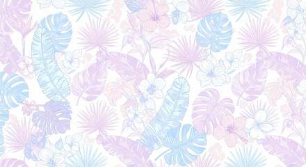 Fototapeta premium Seamless patterns of tropical leaves and floral designs in pastel tones