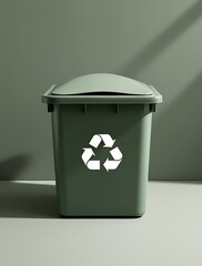 Green recycling bin with a white recycling symbol placed in a minimalistic setting with natural light. Eco-friendly waste management concept promoting sustainability and environmental care

