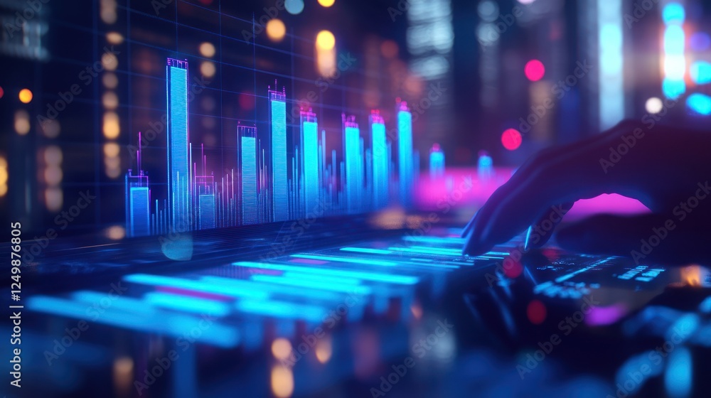 Aufkleber hand interacting with futuristic digital screen displaying financial charts and data in a city at ni