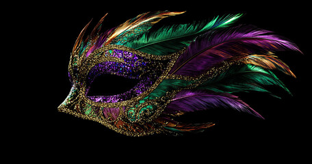 Naklejka premium A striking Mardi Gras mask with rich purple, green, and gold feathers set against a black background, featuring an intricate design of a mysterious woman wearing a dark and ornate masquerade mask.