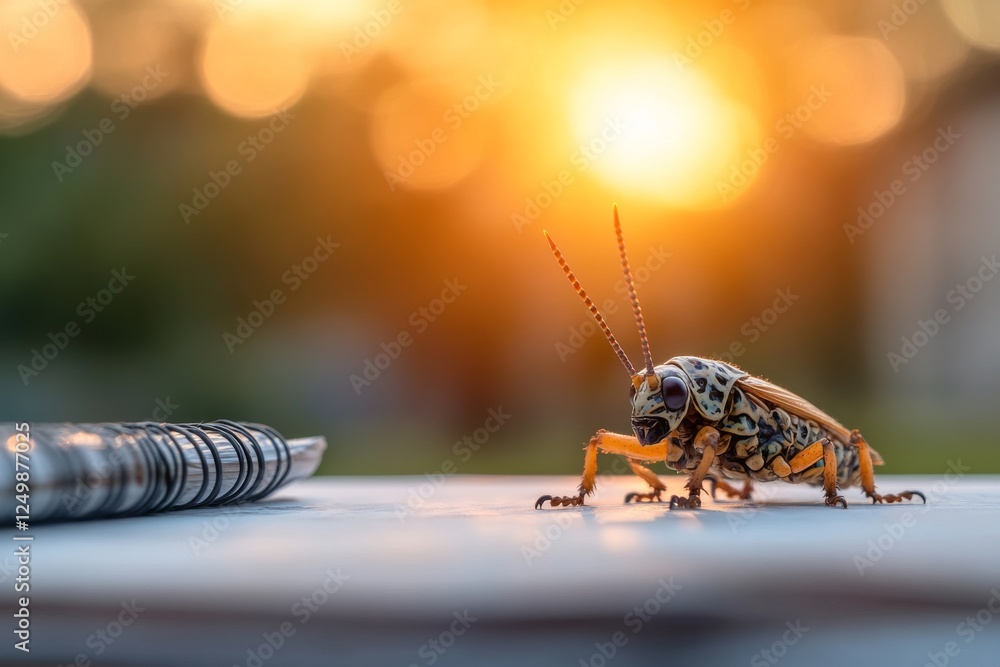 Poster colorful grasshopper rests on a notebook with sunset lighting illuminating the background