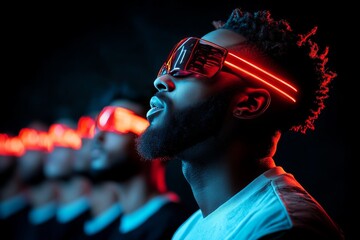 Brightly lit neon glasses enhance a futuristic gathering of individuals in a creative space