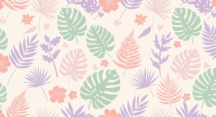 Seamless patterns of tropical leaves and floral designs in pastel tones