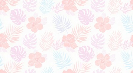 Seamless patterns of tropical leaves and floral designs in pastel tones