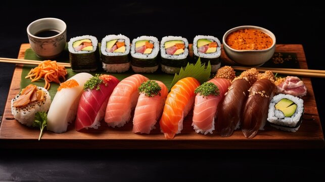 Artistic sushi platter, A fusion of flavors and culinary excellence