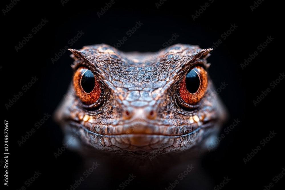 Poster close-up view of a vibrant lizard highlighting unique features and intense colors in a dark setting