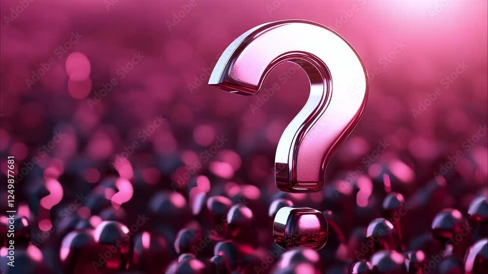 Poster a large metallic question mark floating above a soft-focus background of shiny, dark spheres in shad
