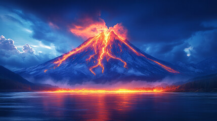 A majestic mountain towers over a fiery lava river flowing down its sides, creating a striking contrast against a deep blue sky, illuminating the landscape with dramatic light