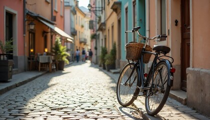 Bicycle on Cobblestone Street in European Town with Colorful Buildings