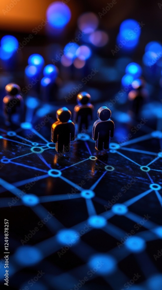 Poster networked figures on digital map, bokeh background