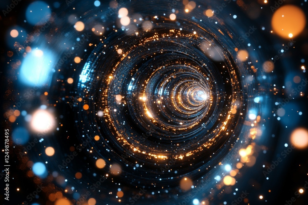 Poster abstract representation of a swirling vortex illuminated by bright lights in a dark space