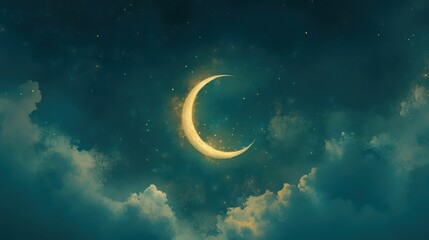 The crescent moon of Ramadan glows softly in a deep blue sky, surrounded by scattered fluffy clouds, radiating peace and serenity.
