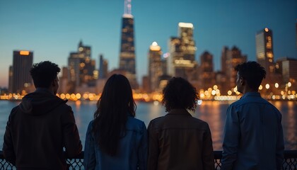 Obraz premium People Admiring Cityscape at Night with Illuminated Buildings and Water