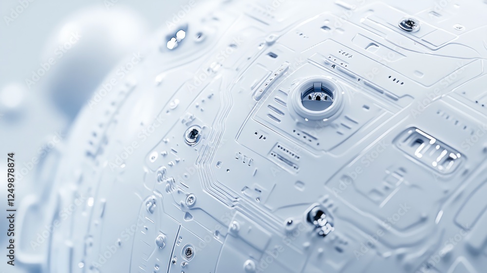 Poster close-up of a futuristic, white, spherical technological device with intricate circuitry and metalli