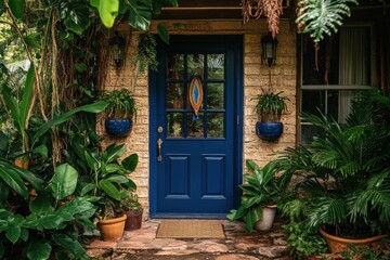 Fototapeta premium Lush tropical plants frame a vibrant blue front door of a home with stone walls.
