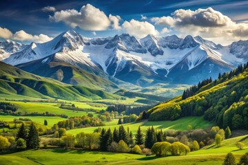 Naklejka premium Snow-capped mountains rising from a valley surrounded by rolling hills and meadows, snow, crisp air, valleys, frosty mornings