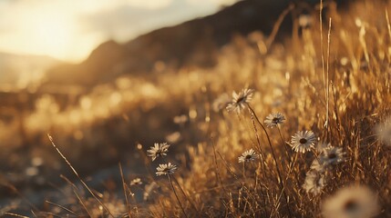 Fototapeta premium Golden hour sunlight illuminates wildflowers and tall grass in a mountain meadow.