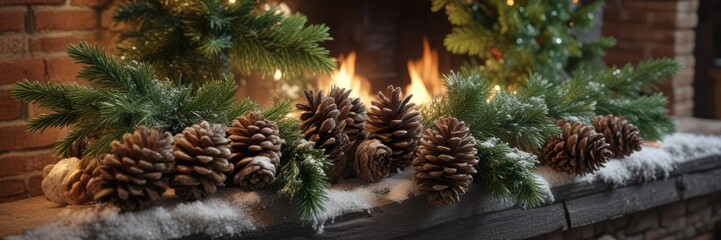 Snow-covered pinecones and evergreen branches on a festive fireplace, fireplace, winter, branches