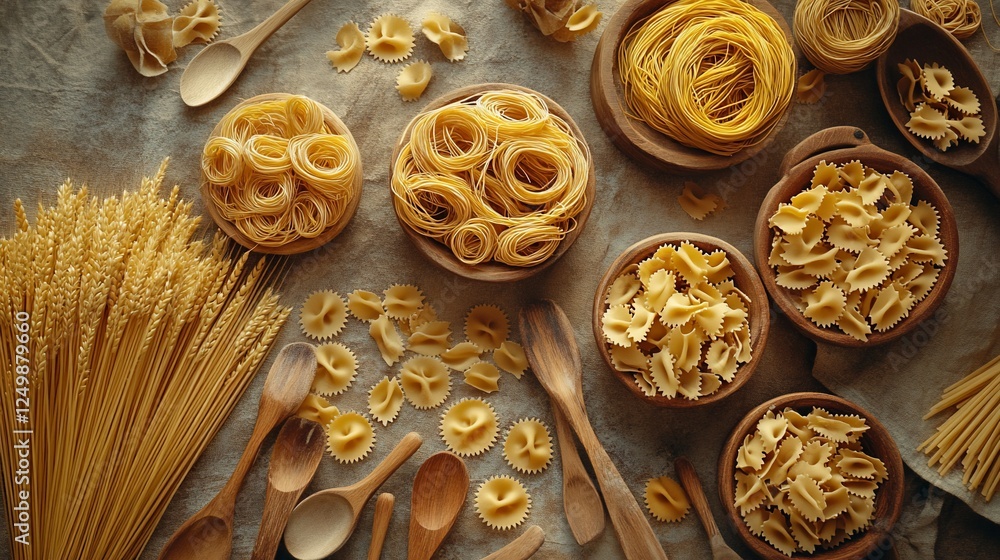 Poster assorted dried pasta shapes and wheat displayed on a rustic surface.