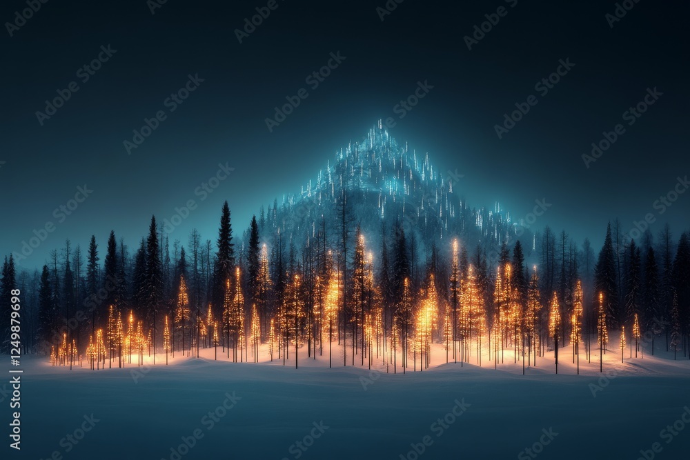 Poster snowy landscape with illuminated trees and a mountain backdrop at dusk in a serene winter setting