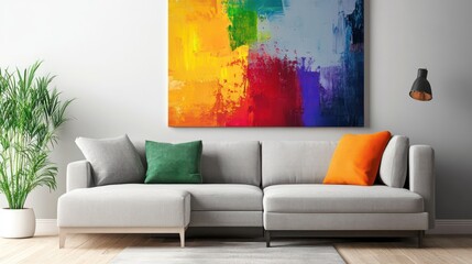 A vibrant abstract painting adorns a living room wall, adding a bold artistic touch above a sleek modern sofa.