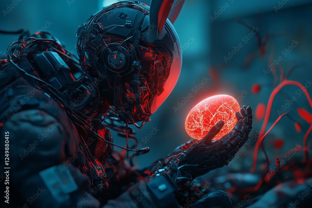 Poster robot holding a glowing red egg in a futuristic setting with a dark and mysterious atmosphere