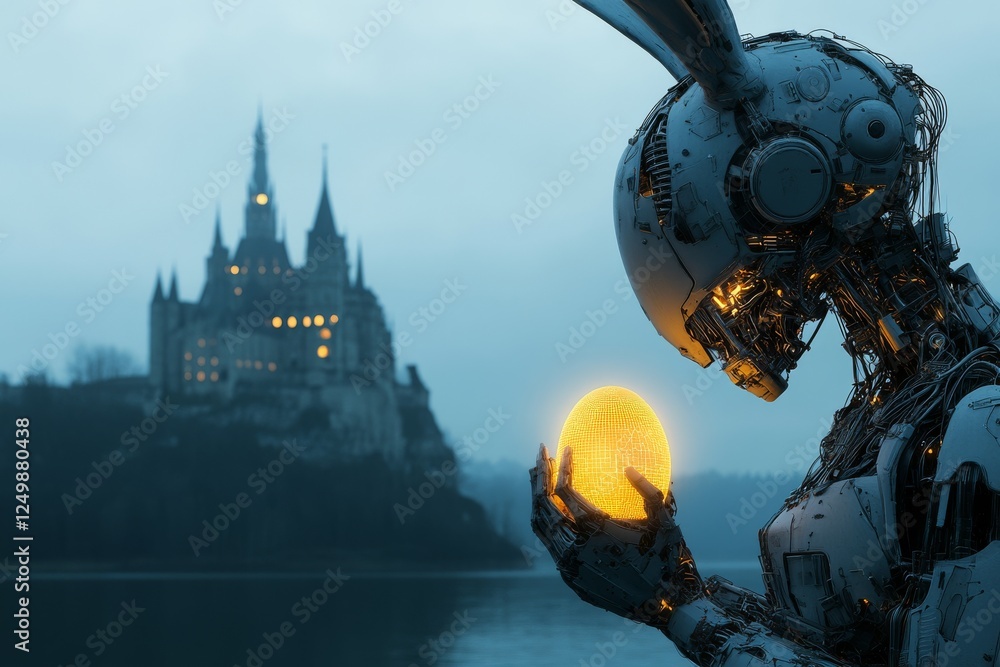 Poster Robot holds glowing egg in front of a castle during twilight in a futuristic setting