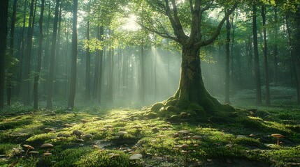 Obraz premium Sunlight streams through misty forest, illuminating mossy clearing