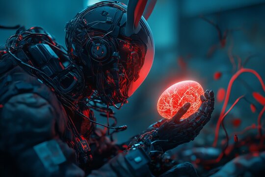 Robot holding a glowing red egg in a futuristic setting with a dark and mysterious atmosphere