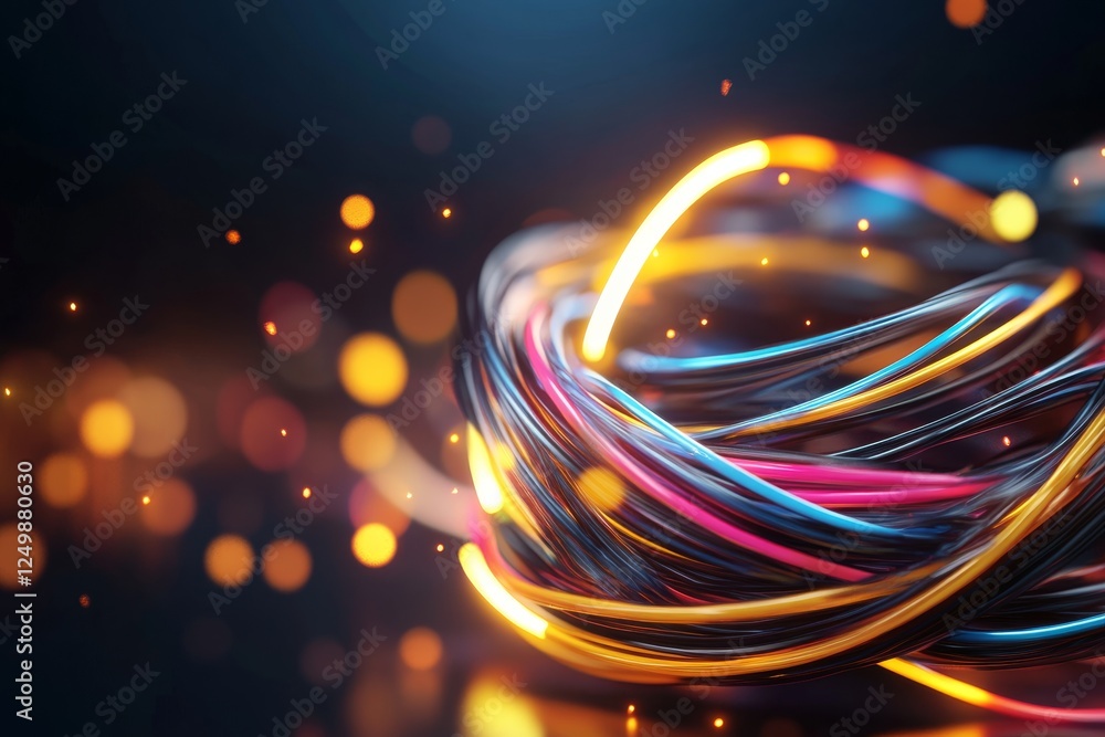 Poster Swirling colorful light trails with glowing particles create an abstract composition in a dark setting