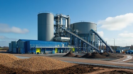 Modern industrial facility with large silos and conveyor systems against a clear blue sky