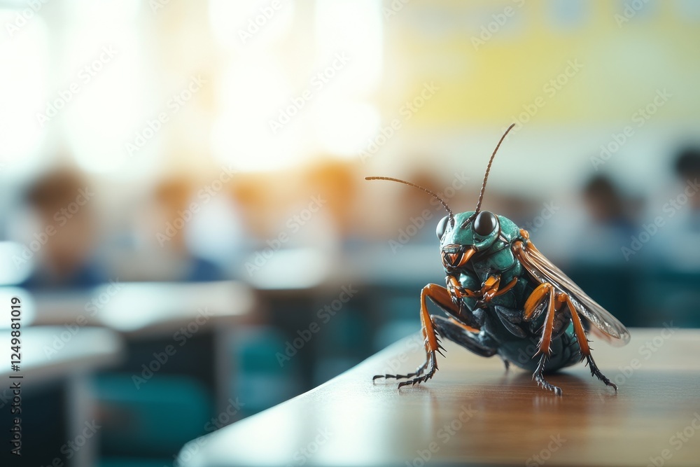 Poster insect on classroom desk during lesson with students in soft focus background