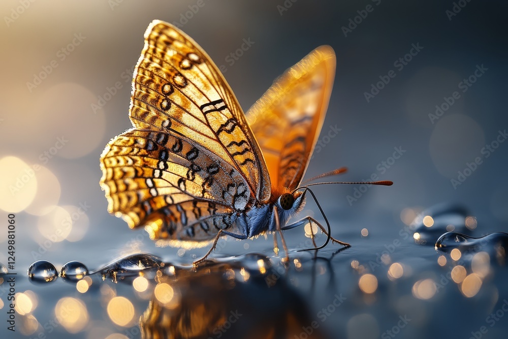 Poster butterfly resting on dew-covered surface with shimmering bokeh in the background during golden hour