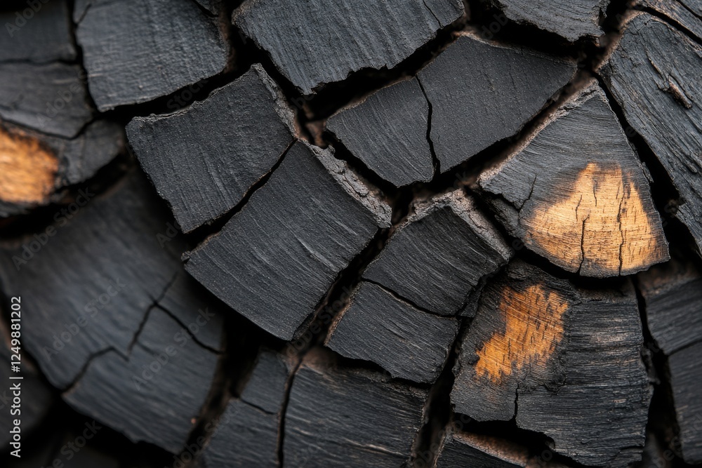 Poster detailed view of charred wood texture highlighting natural patterns and contrasting color variations